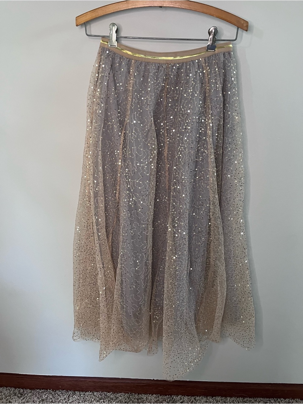 Chicwish Grey Tulle Celestial Sequin Constellation Maxi Skirt Gold Waistband S/M